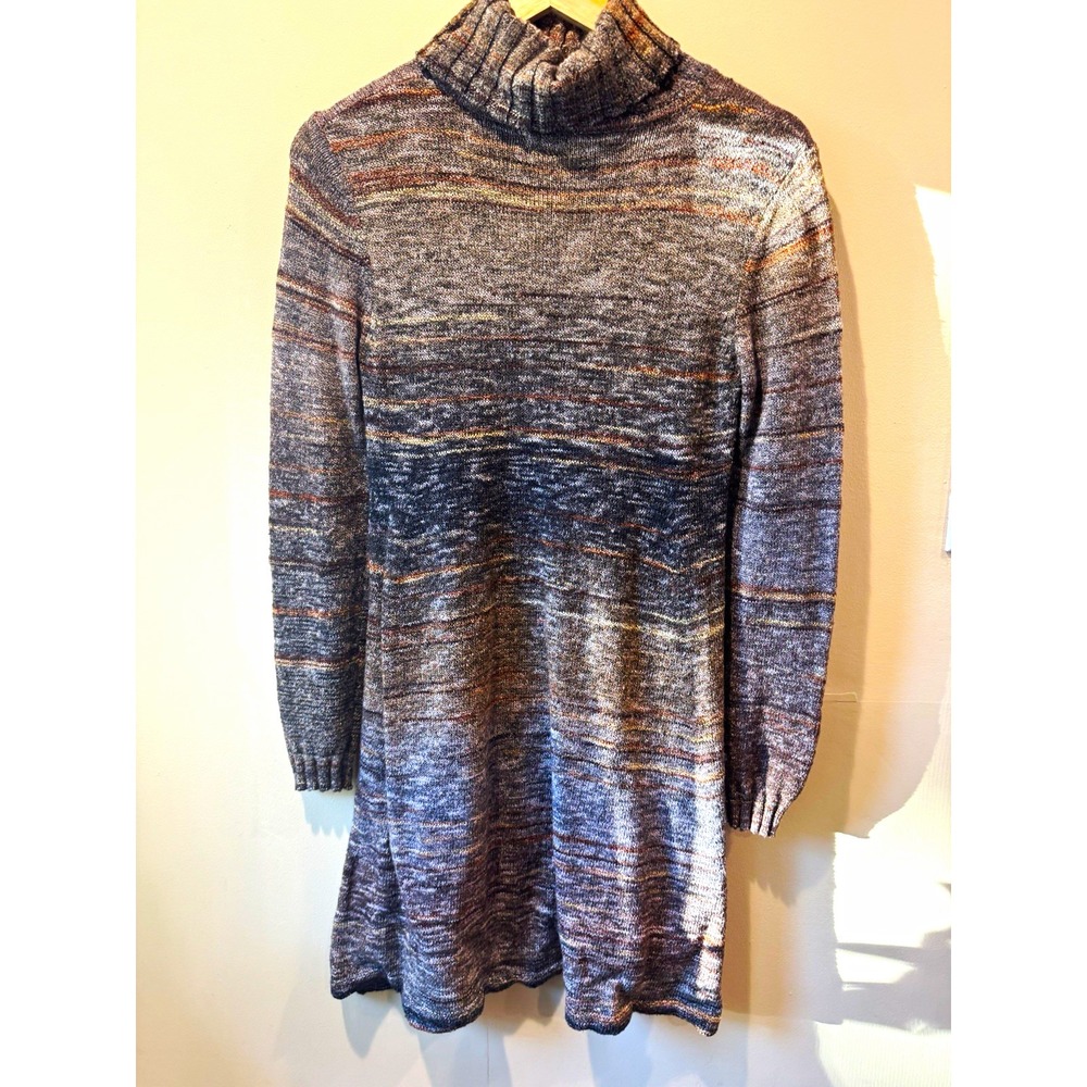 Max Studio Striped Knit Turtleneck Sweater Dress Brown Gray Stretch M Knee